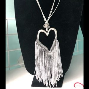 Sweater Necklace Silver tone with heart & beads